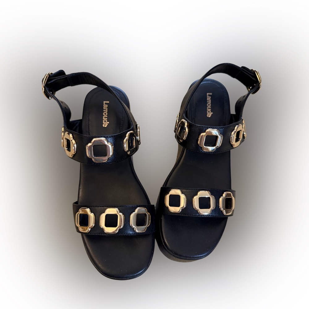 Larroude Black and Gold Sandals